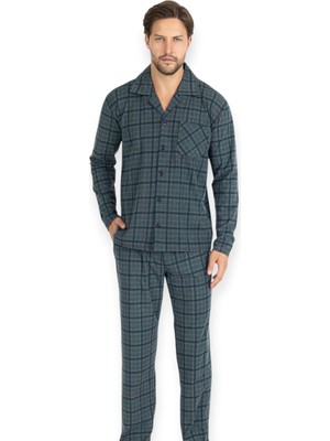Erse Önden Düğmeli Uzun Kol Termal Pijama Takımı Kareli