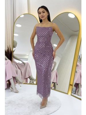 The ZKS Thezks- Kadın Straplez Boncuk Işlemeli Midi Boy Abiye Elbise Su Yeşil, Siyah, Beyaz, Lila, Gold, Bebe Mavi, Lacivert