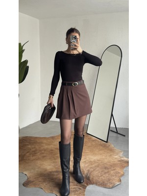 Asfa Moda Kadın Kahverengi Yüksek Bel Kemerli Old Money Viskon Pileli Şortlu Mini Etek