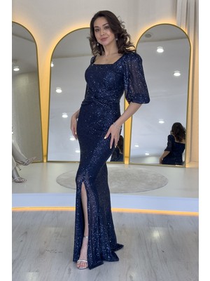 The ZKS Thezks-Kadın Pul Payet Ön Büzgülü Balon Kol Yırtmaçlı Büyük Beden Abiye Elbise Bej, Vizon,mor, Lacivert, Siyah