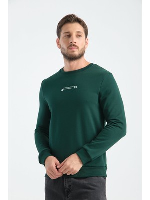Koyu Yeşil Erkek Üç Iplik Sweatshirt Regular Fit Pamuklu Bisiklet Yaka Günlük Spor Basic L