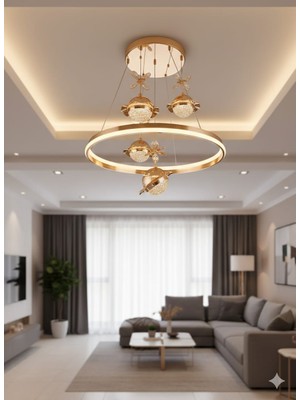 Bohem Aydınlatma Gold Papatya Halkalı 4'lü Sarkıt 3 Renk LED Modern Salon Avizesi