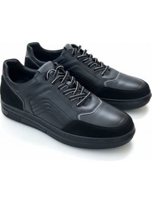 Zueofficial Erkek Siyah Hakiki Deri Süet Detaylı Spor Ayakkabı