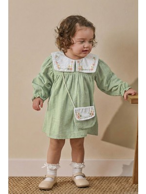 Kız Bebek Nakışlı Bebe Yaka Müslin %100 Pamuk Çantalı Elbise