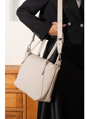 Orijinal Just Polo 3 Bölmeli Geniş Askılı Kadın Omuz Çantası Büyük Boy 43*30 cm 6037 Krem