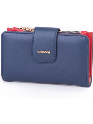 Nas Bag Kadın Kartlık ve Bozuk Para Cepli Yatay Cüzdan Lacivert Kırmızı Dona