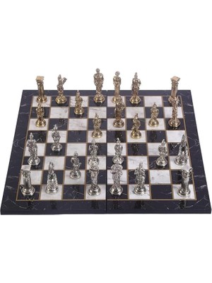 Leaf Shop Büyük Boy Metal Pegasus Atları Satranç Takımı Parlak ve Katlanır Mermer Desenli Tahta