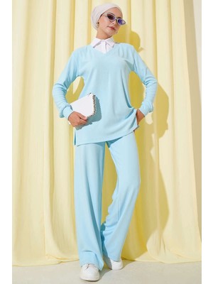 Gömlek Yaka Fitilli Salaş Ikili Takım Buz Mavisi
