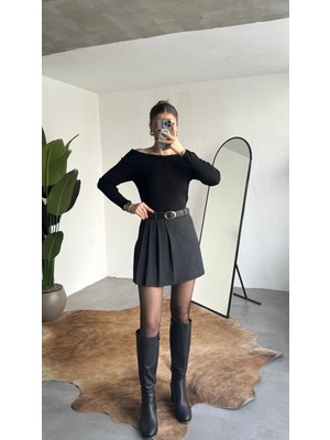 Asfa Moda Kadın Antrasit Yüksek Bel Kemerli Old Money Viskon Pileli Şortlu Mini Etek