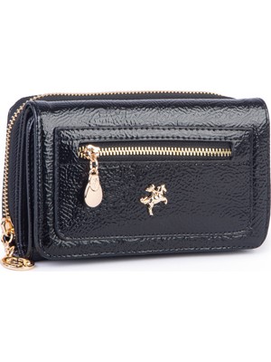  Nas Bag Kadın  Orta Boy Kağıt Demir Para ve Kartlıklı Fonksiyonel Cüzdan Siyah Rugan