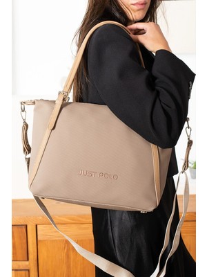 Orijinal Just Polo 3 Bölmeli Geniş Askılı Kadın Omuz Çantası Büyük Boy 43*30 cm 6037 Kum
