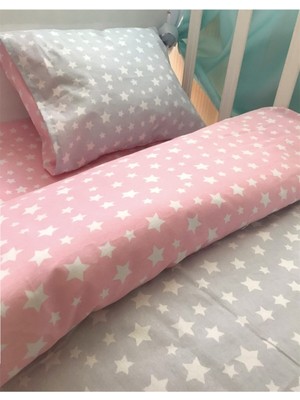 Özgürce Pembe ve Gri Yıldızlı Pamuklu Bebek Çocuk Yastık Çarşaf Yorgan Seti 60X120