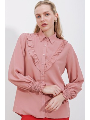 20223 Fırfırlı Uzun Kol Gömlek - Gül Kurusu