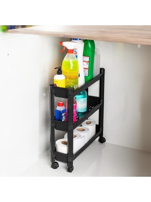 Leaf Shop Plastik Çok Amaçlı Siyah 3 Katlı Tekerlekli Dikdörtgen Banyo Raf Ünitesi