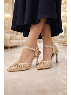ModaOnn Kadın Taş Işlemeli  Slingback Ince Topuk Ayakkabı