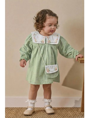 Minipodyum Kız Bebek Nakışlı Bebe Yaka Müslin %100 Pamuk Çantalı Bayramlık Elbise