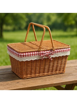 Leaf Shop Hasır Piknik Sepeti – Dantelli, Kırmızı Kareli Kumaşlı, Şık ve Doğal Tasarım 39 cm