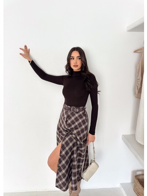 Win Moda Yeni Sezon Kadın Kemerli Ekose Midi Etek Önden Düğmeli Kemerli Çan Kesim Mevsimlik Tam Kalıp S/xl 4 Renk