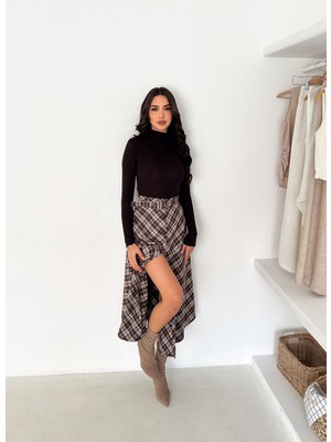 Win Moda Yeni Sezon Kadın Kemerli Ekose Midi Etek Önden Düğmeli Kemerli Çan Kesim Mevsimlik Tam Kalıp S/xl 4 Renk