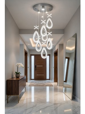 Bohem Aydınlatma Krom 7'li Damla Sarkıt 3 Renk LED Modern Avize (Beyaz Sarı Günışığı)