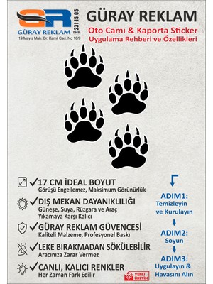 Güray Reklam Pençe Izi Tasarımlı 4'lü Set Oto Cam ve Kaporta Sticker (17 Cm)