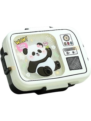 Leaf Shop Bento 820ML Lunchbox Sevimli Dostlar Tek Katlı 3 Bölmeli Paslanmaz Çelik Sefer Tası Yemek Kutusu (Beyaz Panda)