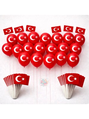 Joyane Türk Bayraklı Balon Seti 25 Adet 10'' 26 cm + Çıtalı Türk Bayrağı 25 Adet