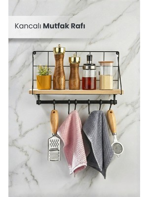 Orvila Ahşap Standlı Metal Dekoratif Mutfak Rafı - Asılabilir Kancalı