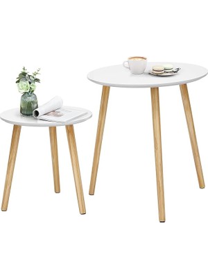 Leaf Shop Yan Sehpa Seti, Yuvarlak, 2 Modern Kanepe Sehpası, Minimalist, Iskandinav Tarzı, Masif Ahşap Ayaklar, Oturma Odası ve Balkon Için Sehpa Kombinasyonu, Çam LET07WN