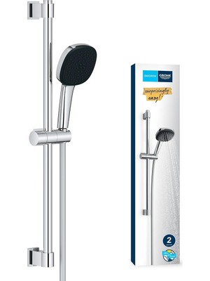 Leaf Shop Vitalio Comfort 110 Sürgülü Duş Seti, 110MM Kare 2 Akışlı El Duşu, 600MM Sürgülü Ray, 1750MM Duş Hortumu, Duş Başlığı Seti, Krom, 26928001