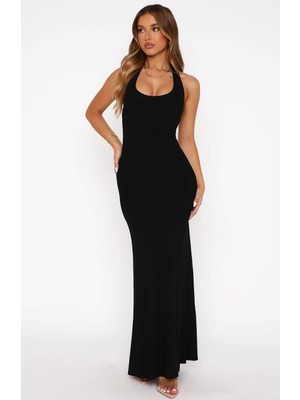 Rora Boyundan Bağlamalı Likralı Uzun Elbise