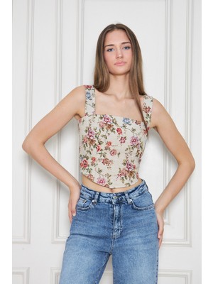 Rora Vintage , Çiçekli Korse Bluz - Kalın Askılı -Kalın Dokulu Kumaş-Sonbahar