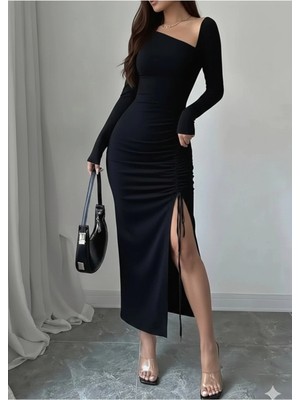 Rora Kayık Yaka Detaylı Uzun Kollu Ayarlanabilir Yırtmaçlı Elbise