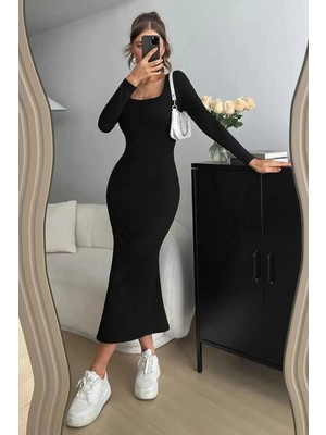 Rora Siyah Kare Yaka Uzun Kollu Likralı Maxi Uzun Elbise