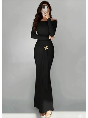 Rora Kelebek Detaylı Uzun Kollu Vücuda Oturan Maxi Boy Elbise