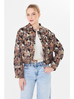 Rora Tok Kumaş Dokuma Desenli Crop Kadın Astarlı Ceket – Premium Mevsimlik Tasarım