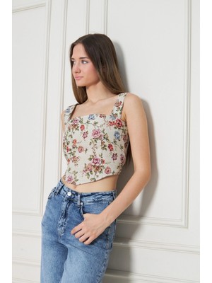 Yazlık Dokulu Kumaş Crop Bluz- Çiçekli Kalın Askılı Korse