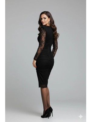 Rora Siyah Vücuda Oturan Astarlı Drapeli Dantel Şık Elbise