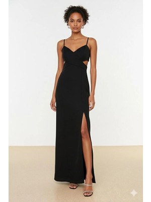 Rora Siyah Pencere/cut Out Detaylı Dokuma Uzun Abiye Gece Mezuniyet Elbisesi