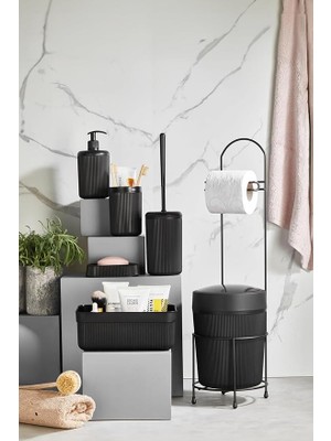 Leaf Shop Parça Siyah Banyo Seti Metal Stantlı Kovalı Wc Kağıtlık Kozmetik Kutusu Diş Fırçalık ve Sabunlukla
