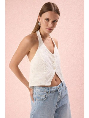 Rora Beyaz Fitted V Yaka Astarlı Brode/fisto Yelek/bluz