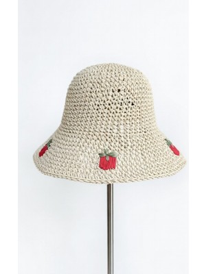 Mollycrush Kadın Bej Hasır Ip Çilek Nakışlı Bucket  | Yazlık Plaj Tasarım Şapka