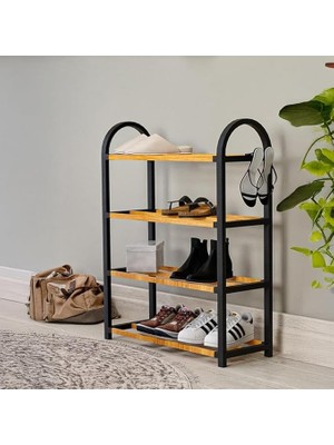 Leaf Shop Midi Ahşap Çubuklu Ayakkabılık 4 Bölmeli Düzenleyici 8 Çift Ayakkabı Kapasiteli Raf Ünitesi