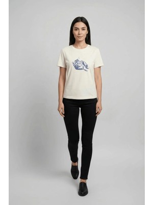 Cemo Kadın Bisiklet Yaka Kedi Baskılı Basic Tişört