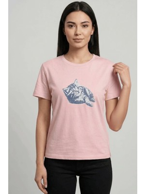 Cemo Kadın Bisiklet Yaka Kedi Baskılı Basic Tişört