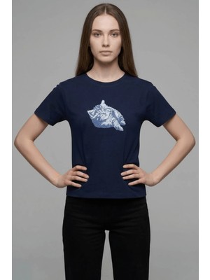 Cemo Kadın Bisiklet Yaka Kedi Baskılı Basic Tişört