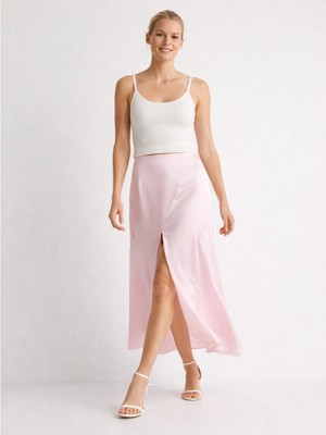 Rora Pembe Maxi Etek | Yüksek Bel, Yırtmaç Detaylı, Uzun Boy Kadın Etek