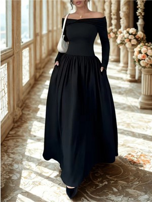 Rora Kadın, Yaka Detaylı Uzun Kollu, Siyah, Cepli Uzun Elbise