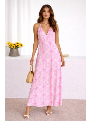 Rora Pembe Desenli Sırt Dekolteli Halter Yaka Maxi Yaz Elbisesi