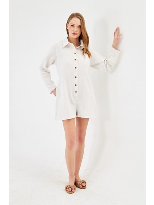 Rora Kadın Keten Şortlu Tulum | Düğmeli, Uzun Kollu, Belden Büzgülü Kışlık Mevsimlik Tulum